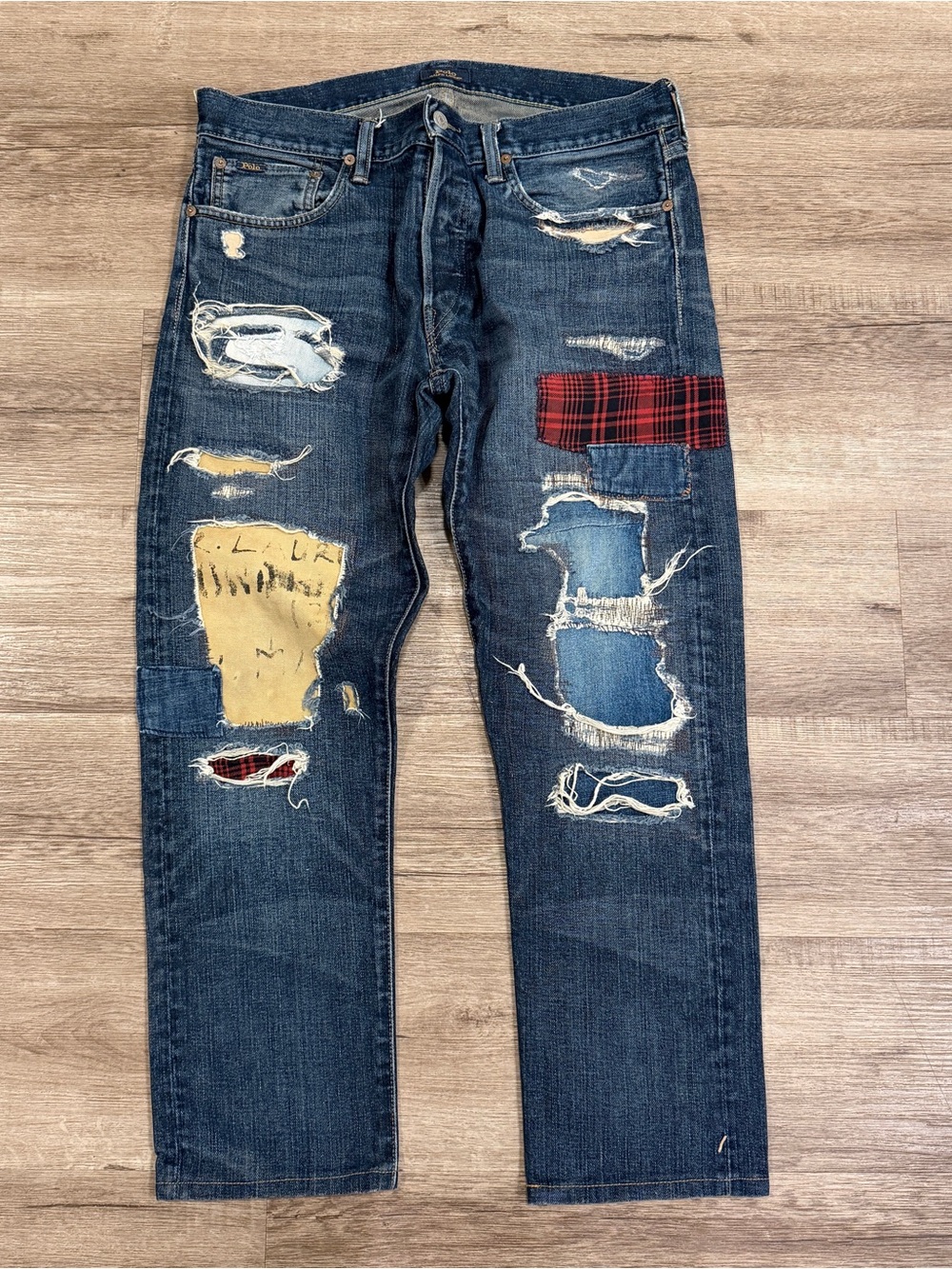 Polo Ralph Lauren Varick Slim Distressed Patchwork Jeans 34x27 Men’s Denim